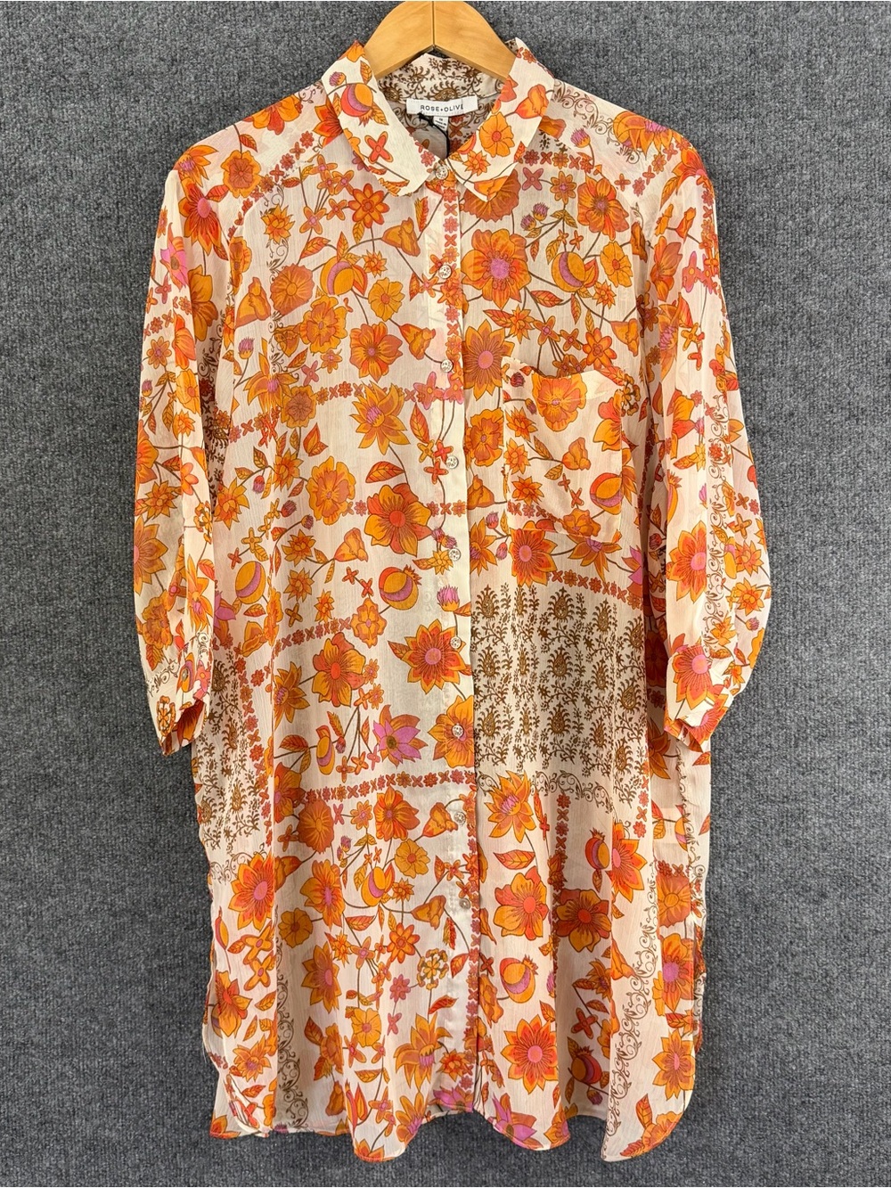 Rose + Olive Womens 1X Button Up Tunic Top Cream Orange 3/4 Sleeve Floral Fall